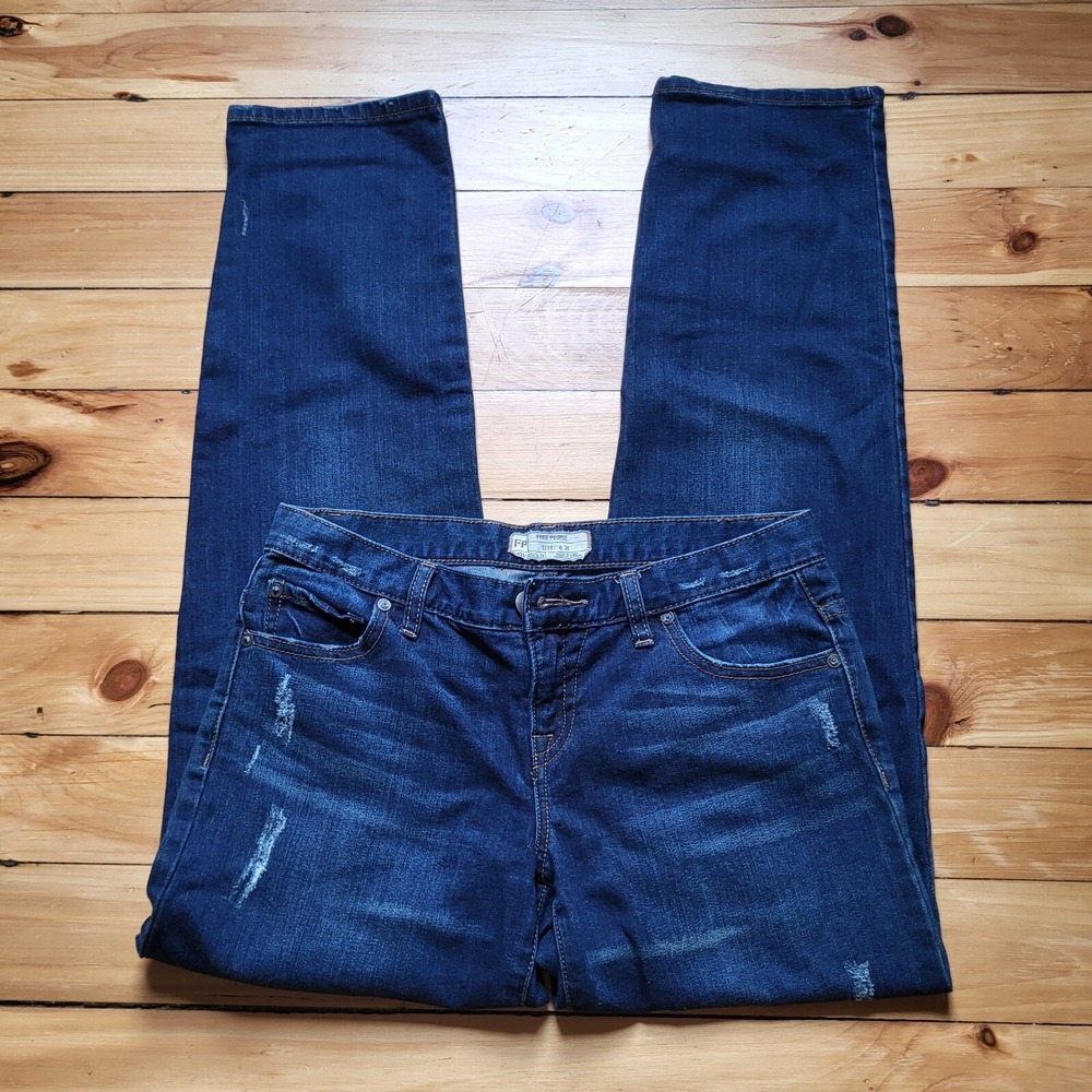 Free People Jeans Womens 26 Relaxed Straight Dark Wash Blue Distressed 30/31